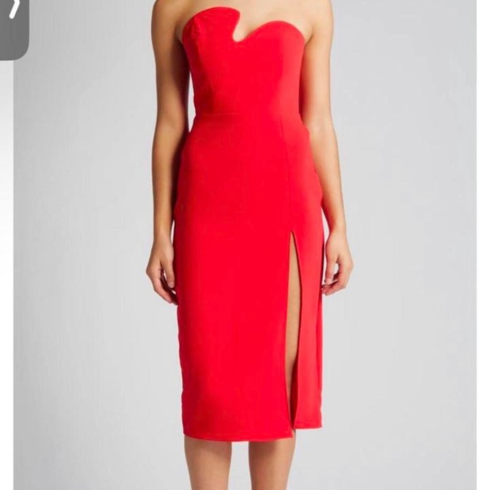 Amanda Uprichard Strapless Red Midi Dress with Side Slit